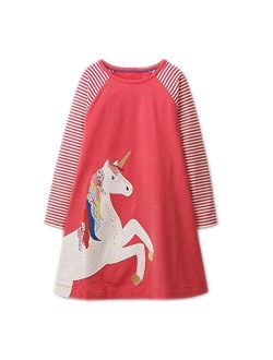 Youlebao Girls Cotton Long Sleeve Casual Cartoon Appliques Striped Jersey Dresses