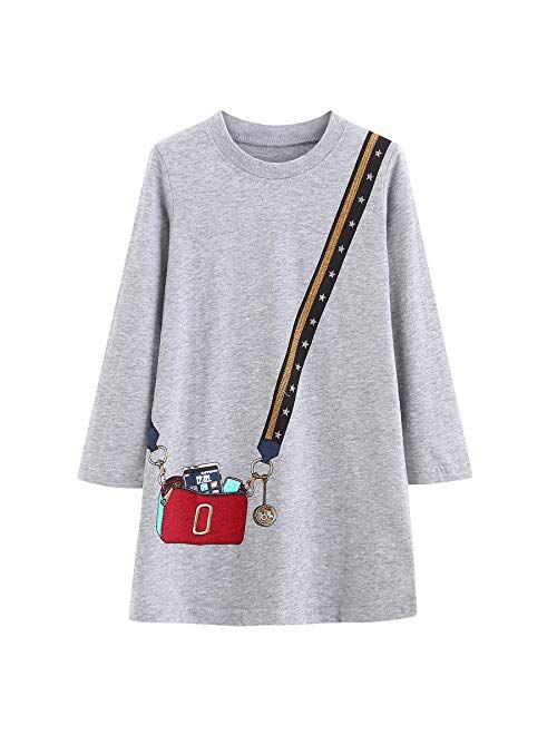 Youlebao Girls Cotton Long Sleeve Casual Cartoon Appliques Striped Jersey Dresses