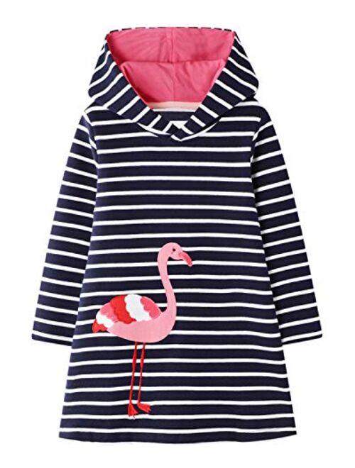 Youlebao Girls Cotton Long Sleeve Casual Cartoon Appliques Striped Jersey Dresses