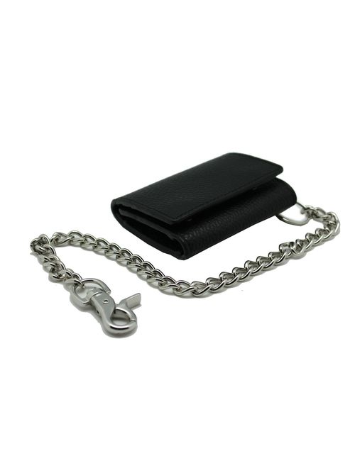 RFID Safe Men Cow Leather Tri-fold Chain Wallet 112 For Biker Motorcycle Trucker