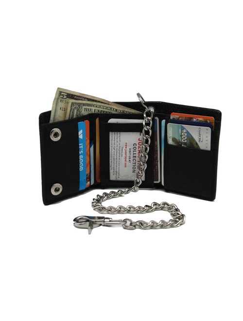 RFID Safe Men Cow Leather Tri-fold Chain Wallet 112 For Biker Motorcycle Trucker