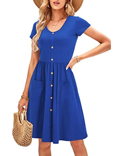 OUGES Women's Long Sleeve V Neck Button Down Skater Dress with Pockets