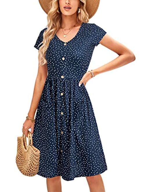 OUGES Women's Long Sleeve V Neck Button Down Skater Dress with Pockets