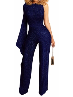 HannahZone Women's Sexy Sparkly Jumpsuits Clubwear V Neck Long Sleeve Pants Elegant Party Rompers with Belt