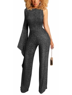 HannahZone Women's Sexy Sparkly Jumpsuits Clubwear V Neck Long Sleeve Pants Elegant Party Rompers with Belt