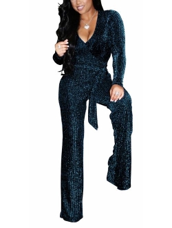 HannahZone Women's Sexy Sparkly Jumpsuits Clubwear V Neck Long Sleeve Pants Elegant Party Rompers with Belt