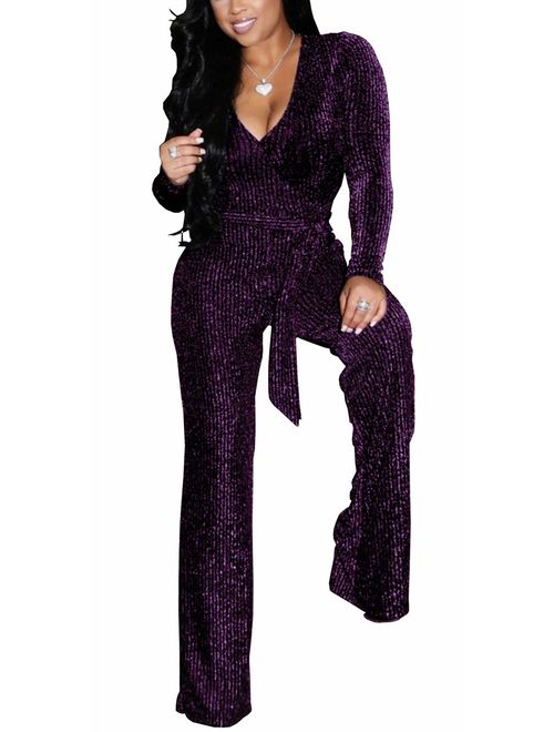 HannahZone Women's Sexy Sparkly Jumpsuits Clubwear V Neck Long Sleeve Pants Elegant Party Rompers with Belt