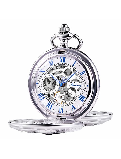 TREEWETO Mechanical Pocket Watch Dream Dragon Skeleton Half Hunter Double Open Silver/Bronze/Black Case