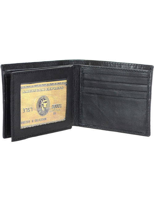 Men's RFID Signal Blocking Genuine Leather Center Wing Bi-Fold Wallet with Gift Box