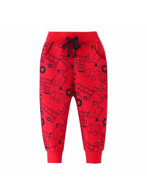 Qin.Orianna Little Boys Cartoon Pattern Cotton Drawstring Elastic Sweatpants Sport Jogger Pants with Pocket