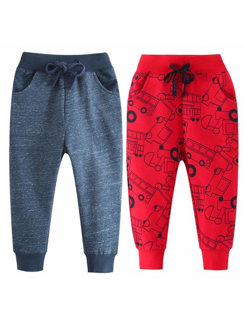 Qin.Orianna Little Boys Cartoon Pattern Cotton Drawstring Elastic Sweatpants Sport Jogger Pants with Pocket