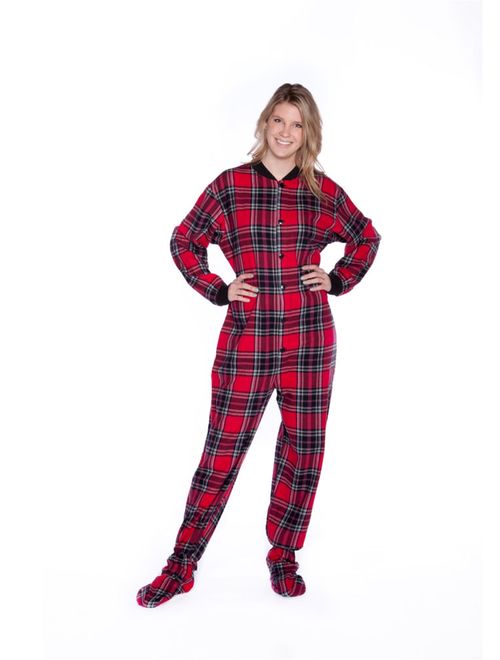 Big Feet PJs Red & Black Plaid Cotton Flannel Adult Footie Footed Pajamas w/ Drop seat