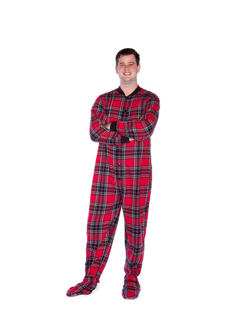 Big Feet PJs Red & Black Plaid Cotton Flannel Adult Footie Footed Pajamas w/ Drop seat