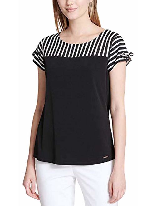 Calvin Klein Womens Striped Colorblocked Contrast Blouse Top Color Black Size Medium