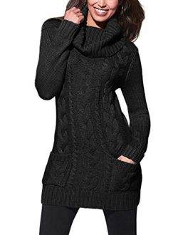 BLENCOT Womens Turtleneck Long Sleeve Elasticity Chunky Cable Knit Pullover Sweaters Jumper with Pockets