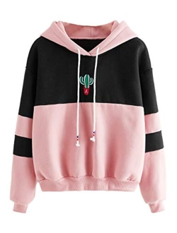 Womens Long Sleeve Colorblock Pullover Fleece Hoodie Sweatshirt Tops