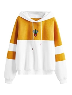 Womens Long Sleeve Colorblock Pullover Fleece Hoodie Sweatshirt Tops