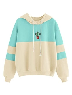 Womens Long Sleeve Colorblock Pullover Fleece Hoodie Sweatshirt Tops