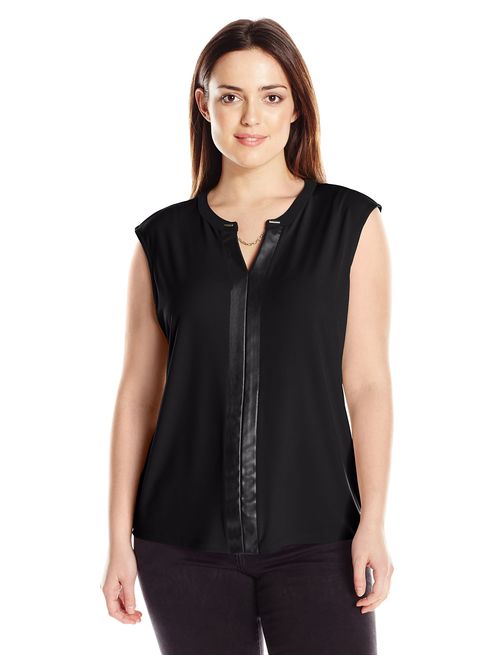 Calvin Klein Women's Plus-Size V-Neck Tank with Faux Leather and Chain