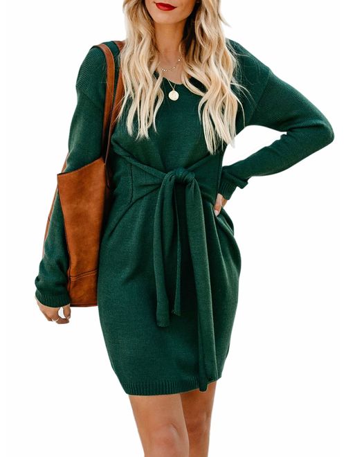 Sidefeel Women Asymmetric Buttoned Cable Knit Bodycon Mini Sweater Dress Jumper