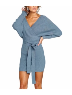 MANSY Women's Sexy Cocktail Batwing Long Sleeve Backless Mock Wrap Knit Sweater Mini Dress