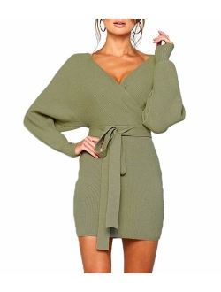 MANSY Women's Sexy Cocktail Batwing Long Sleeve Backless Mock Wrap Knit Sweater Mini Dress