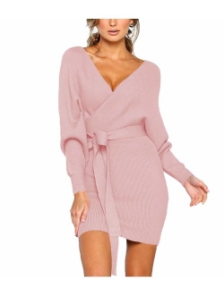 MANSY Women's Sexy Cocktail Batwing Long Sleeve Backless Mock Wrap Knit Sweater Mini Dress