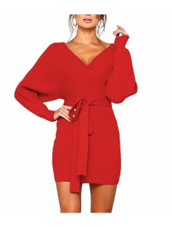 MANSY Women's Sexy Cocktail Batwing Long Sleeve Backless Mock Wrap Knit Sweater Mini Dress