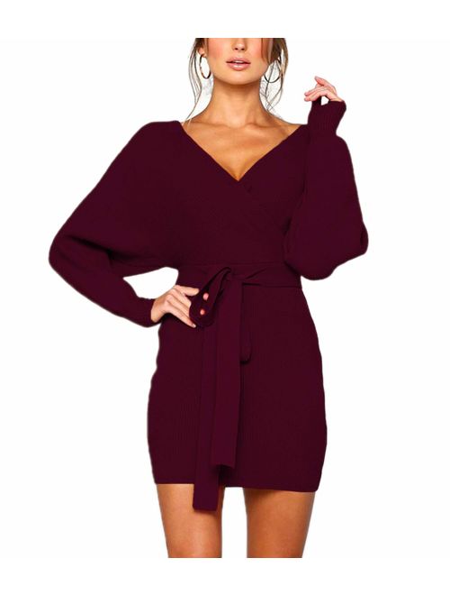 MANSY Women's Sexy Cocktail Batwing Long Sleeve Backless Mock Wrap Knit Sweater Mini Dress