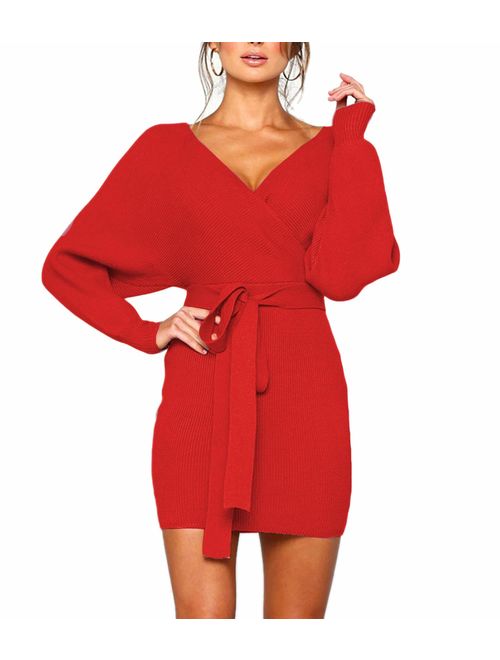 MANSY Women's Sexy Cocktail Batwing Long Sleeve Backless Mock Wrap Knit Sweater Mini Dress