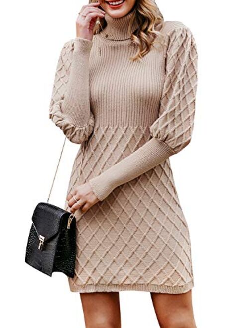 Simplee Women's Turtleneck Puff Sleeve Knitted Bodycon Mini Pullover Sweater Dress