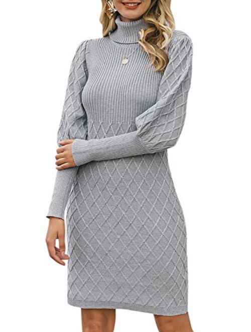 Simplee Women's Turtleneck Puff Sleeve Knitted Bodycon Mini Pullover Sweater Dress