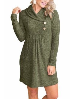 ETCYY NEW FANEW Womens Cowl V- Neck Buttoned Knit Loose Fit Sweater Dress with Pocket