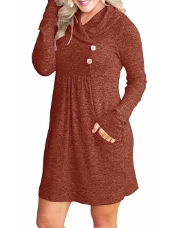 ETCYY NEW FANEW Womens Cowl V- Neck Buttoned Knit Loose Fit Sweater Dress with Pocket