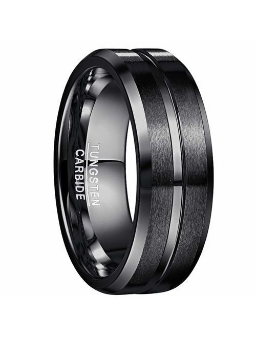 NUNCAD Men's 8mm Tungsten Carbide Ring Blue & Black Matte Finish Beveled Edge Wedding Band Size 4 to 17