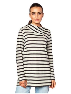 ETCYY Women's Long Sleeve Striped Button Cowl Neck Tunic Sweatshirts Tops