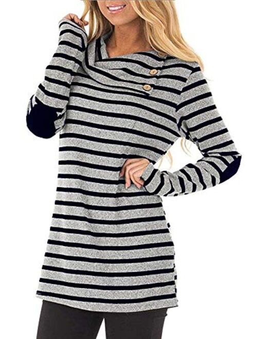 ETCYY Women's Long Sleeve Striped Button Cowl Neck Tunic Sweatshirts Tops