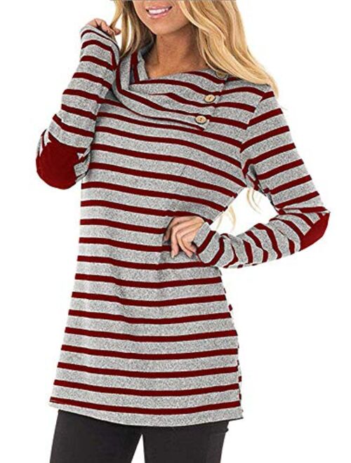 ETCYY Women's Long Sleeve Striped Button Cowl Neck Tunic Sweatshirts Tops