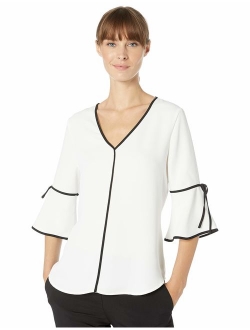 Women's V-Neck Blouse with Contrast Piping