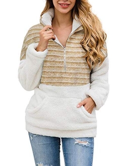 Alelly Women's Zipper Sherpa Pullover Soft Fuzzy Fleece Sweatshirt Jacket Sweater Winter Coat