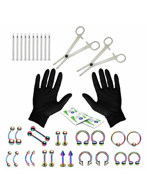 BodyJ4You 36PC Professional Piercing Kit Surgical Steel 14G 16G Belly Ring Tongue Tragus Nipple Nose