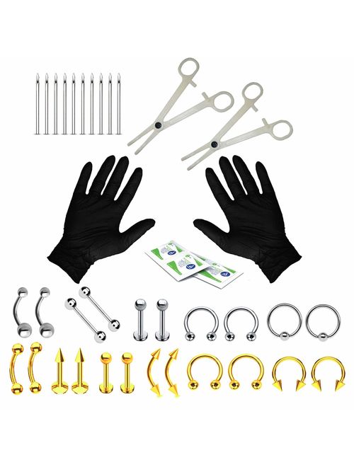 BodyJ4You 36PC Professional Piercing Kit Surgical Steel 14G 16G Belly Ring Tongue Tragus Nipple Nose