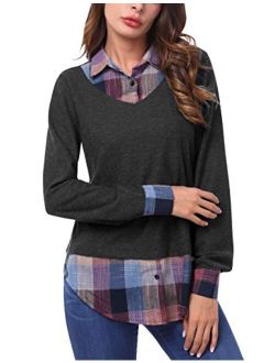 DJT Women's Contrast Plaid Collar 2 in 1 Blouse Tunic Tops