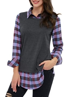 DJT Women's Contrast Plaid Collar 2 in 1 Blouse Tunic Tops