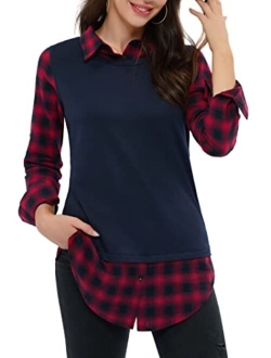 DJT Women's Contrast Plaid Collar 2 in 1 Blouse Tunic Tops