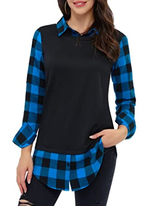 DJT Women's Contrast Plaid Collar 2 in 1 Blouse Tunic Tops