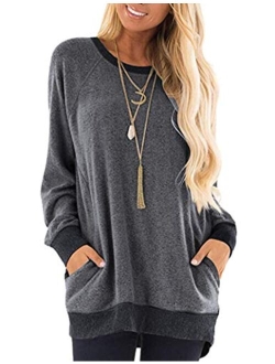 AUSELILY Women's Long Sleeve Round Neck Casual T Shirts Blouses Sweatshirts Tunic Tops with Pocket