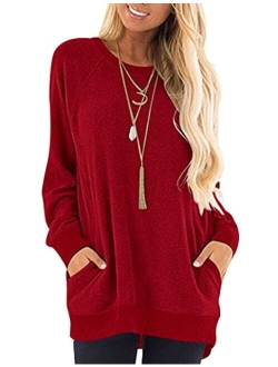 AUSELILY Women's Long Sleeve Round Neck Casual T Shirts Blouses Sweatshirts Tunic Tops with Pocket