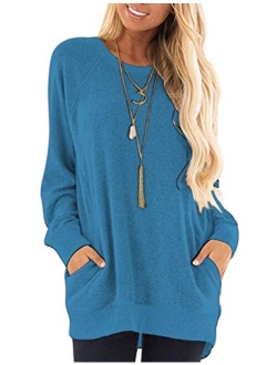 AUSELILY Women's Long Sleeve Round Neck Casual T Shirts Blouses Sweatshirts Tunic Tops with Pocket