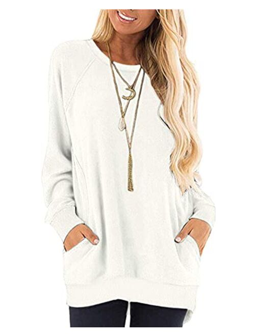 AUSELILY Women's Long Sleeve Round Neck Casual T Shirts Blouses Sweatshirts Tunic Tops with Pocket